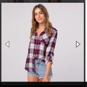 Thread and Supply Navy and Red Plaid Button Down rayon pocket Shirt xs